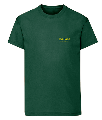 BoiHood Kids Unisex T-Shirt in dark green, featuring rugby legends design, perfect for young rugby fans.