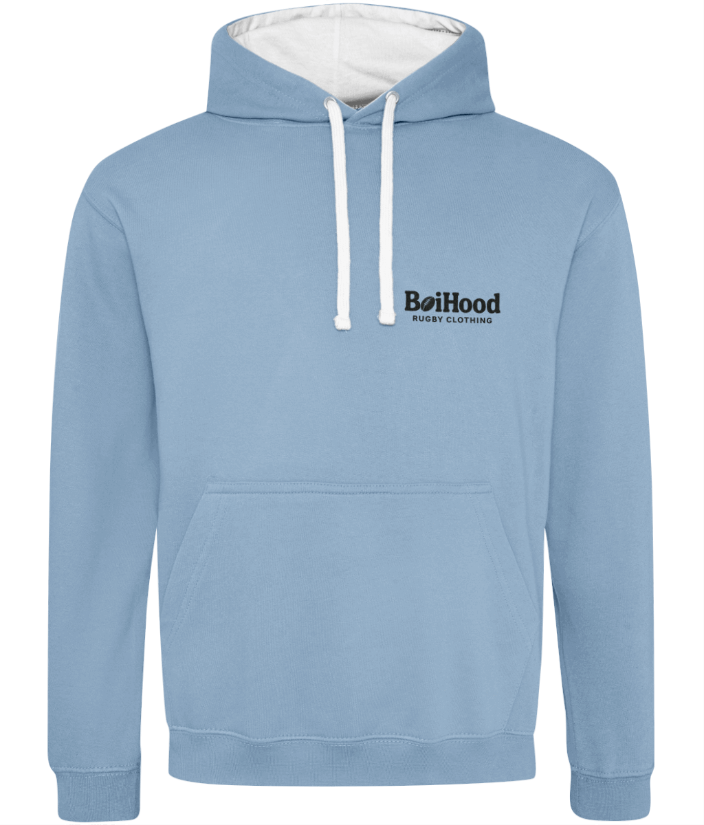 Light blue BoiHood hoodie with white drawstrings for casual style and comfort.