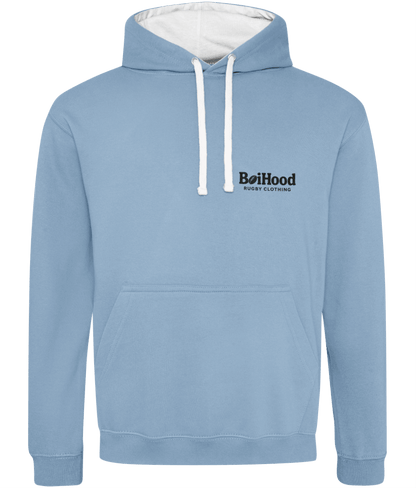 Light blue BoiHood hoodie with white drawstrings for casual style and comfort.
