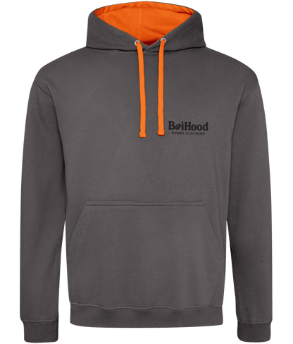 Gray BoiHood hoodie with orange accents, perfect for casual wear and customizable style.