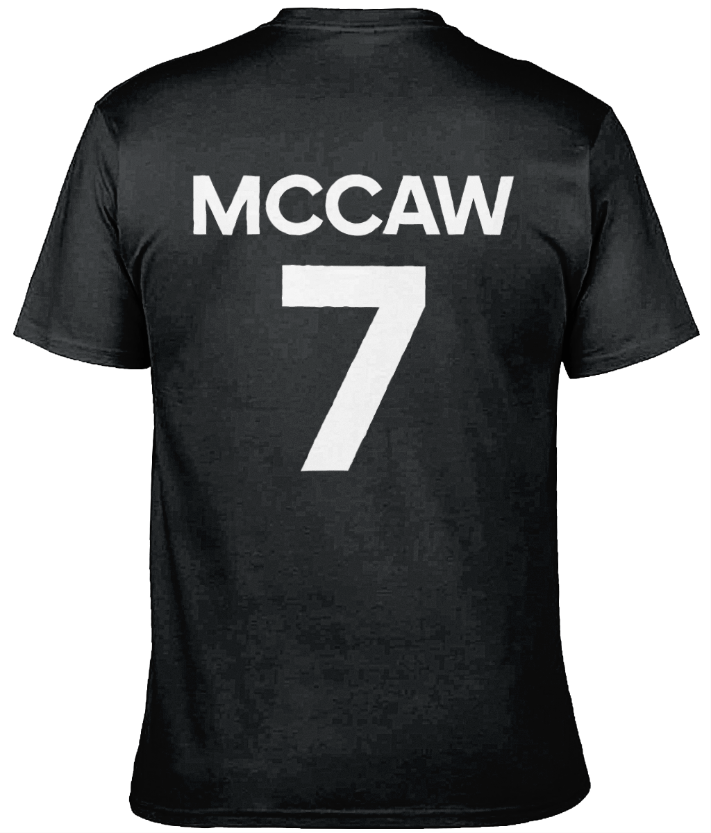 Back view of BoiHood Adult Unisex T-Shirt featuring McCaw and the number 7, ideal for rugby fans.