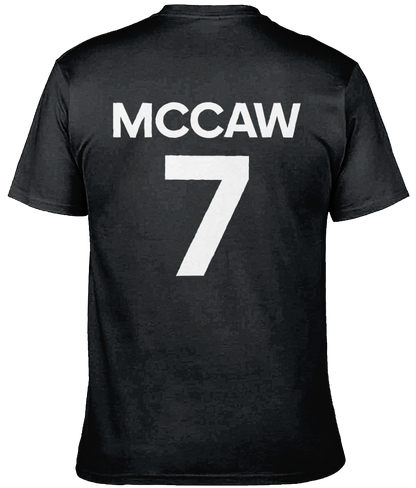 Back view of BoiHood Adult Unisex T-Shirt featuring McCaw and the number 7, ideal for rugby fans.
