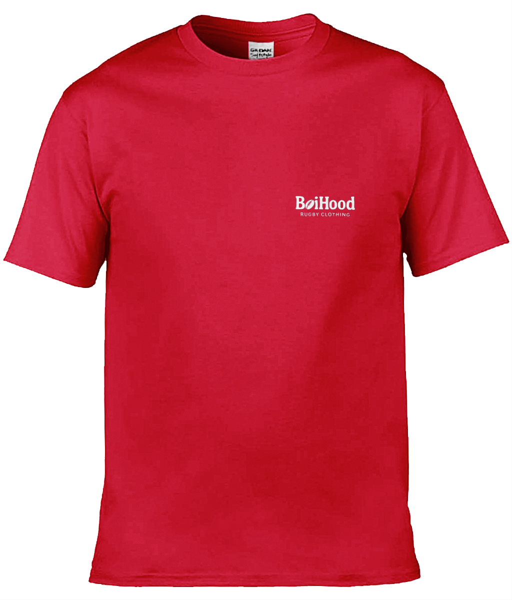BoiHood Adult Unisex T-Shirt in vibrant red, featuring 'Rugby Legends' print, celebrating Jonah Lomu's iconic number 11.