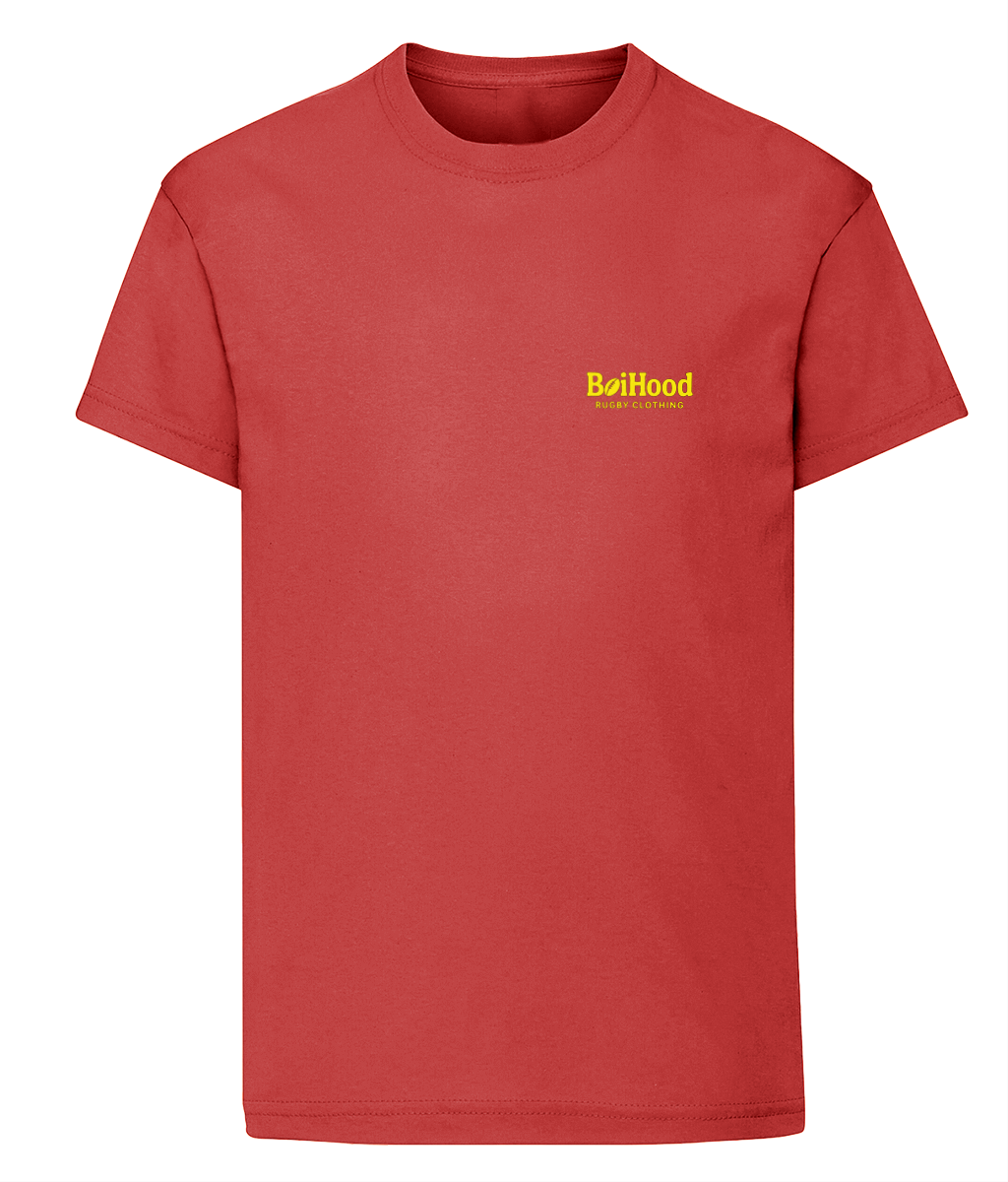 BoiHood Kids Unisex T-Shirt in red with Rugby Legends design, perfect for young rugby fans.