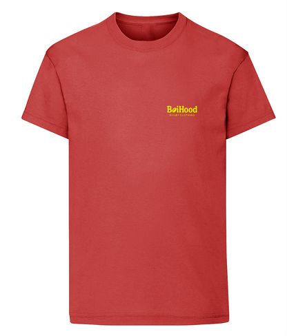 BoiHood Kids Unisex T-Shirt in red with Rugby Legends design, perfect for young rugby fans.