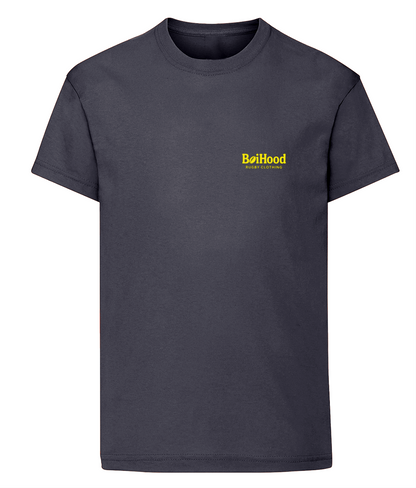 BoiHood Kids Unisex T-Shirt in navy with yellow logo, perfect for young rugby fans and everyday wear.