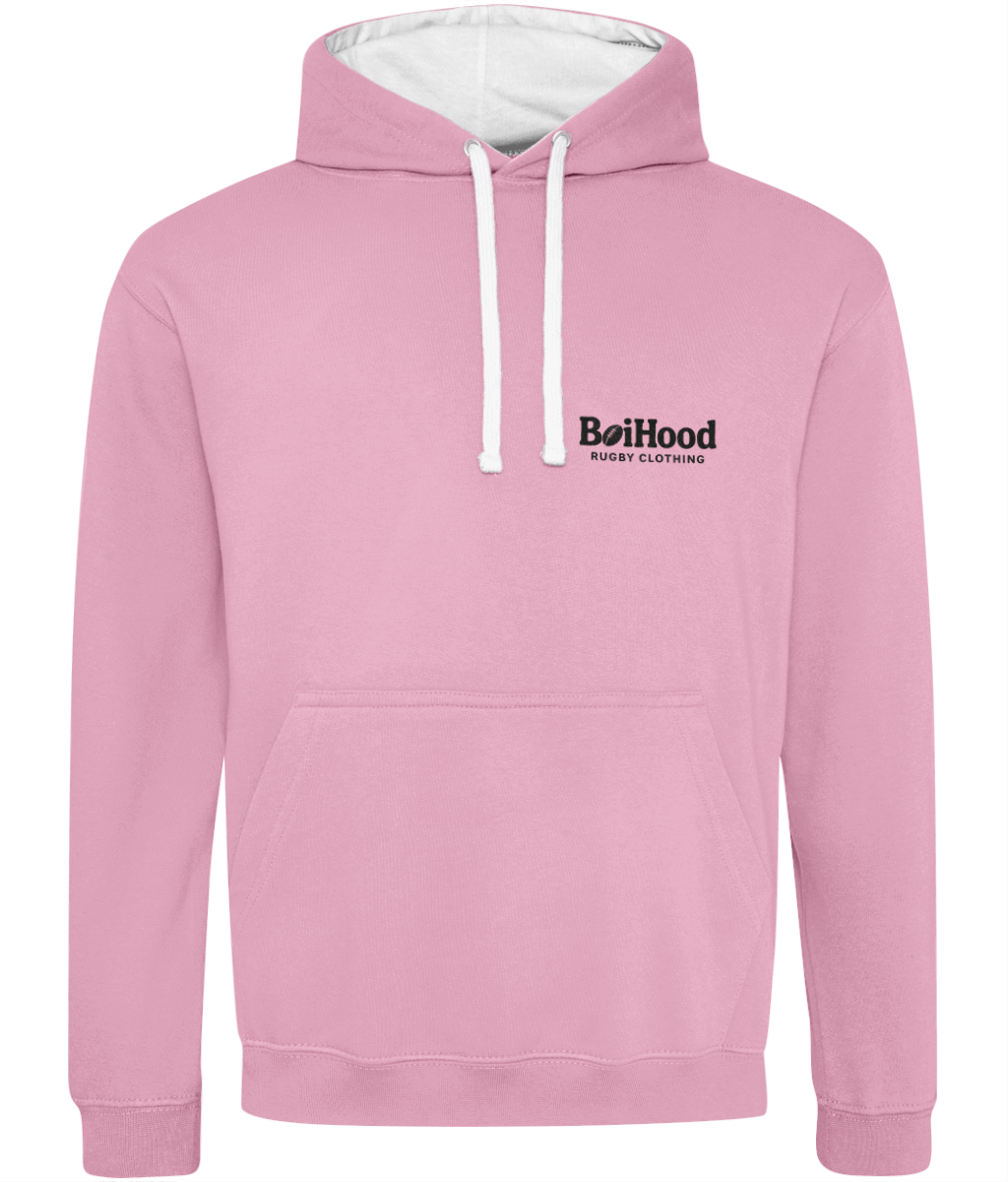 BoiHood casual men's hoodie in pink with white drawstrings and logo, perfect for stylish comfort.