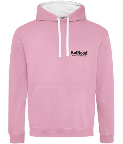 BoiHood casual men's hoodie in pink with white drawstrings and logo, perfect for stylish comfort.