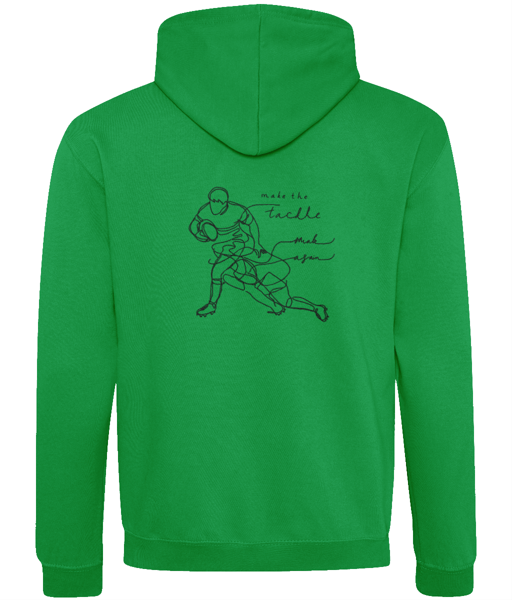 Back view of green 'Make The Tackle' men's hoodie featuring a dynamic illustration of a rugby player.
