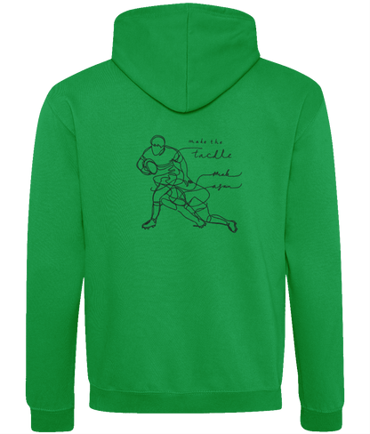 Back view of green 'Make The Tackle' men's hoodie featuring a dynamic illustration of a rugby player.