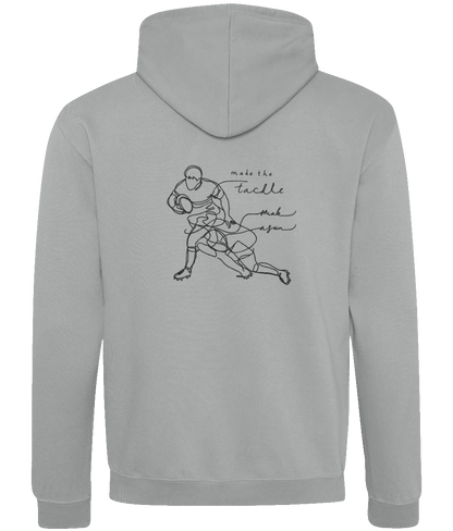 Back view of gray hoodie with 'Make The Tackle' graphic and rugby player illustration, perfect for casual style.