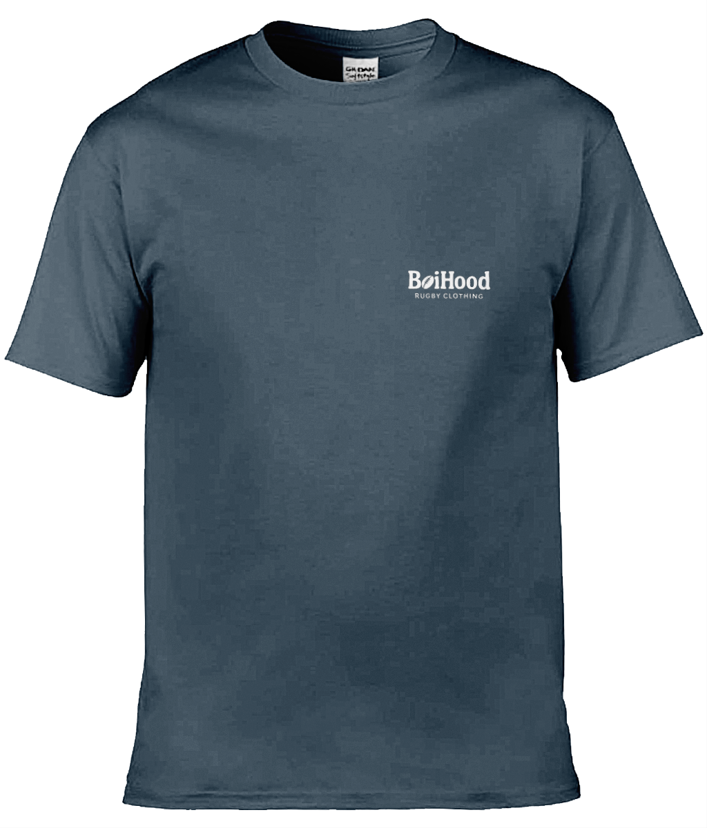 BoiHood Adult Unisex T-Shirt in navy featuring Rugby Legends #7 design, perfect for rugby fans and everyday wear.