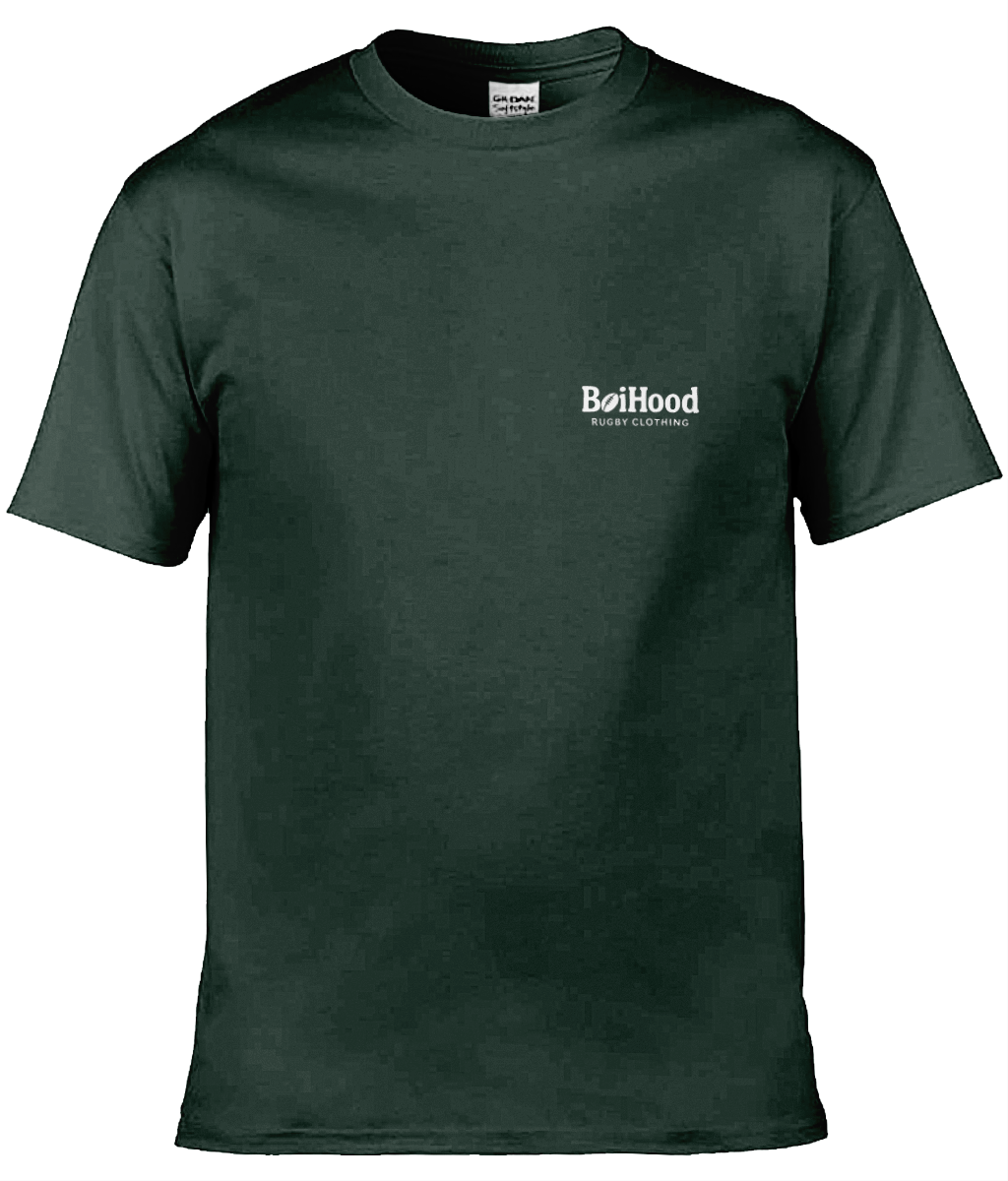 BoiHood Adult Unisex T-Shirt in dark green, featuring Rugby Legends design and number 7 for fans of the sport.