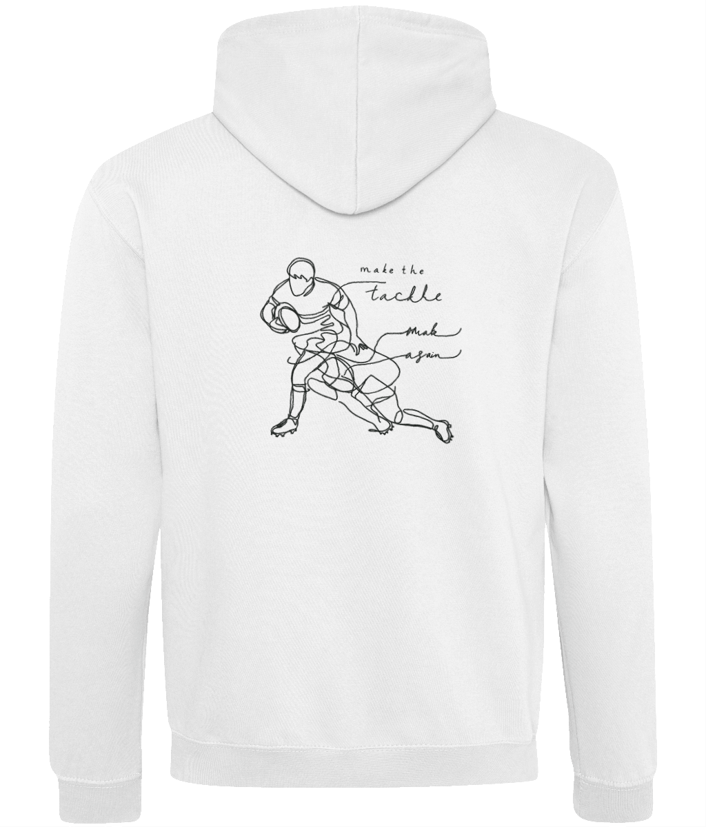 White hoodie featuring a minimalist design with a rugby player illustration and the text 'Make The Tackle'.