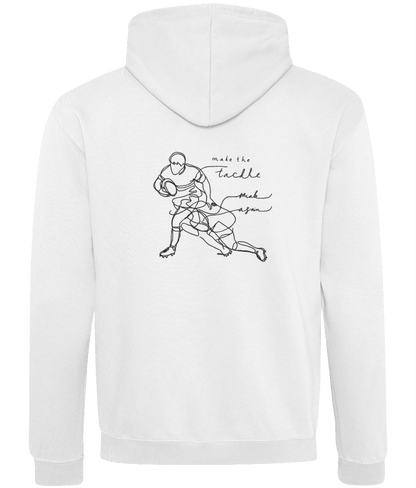 White hoodie featuring a minimalist design with a rugby player illustration and the text 'Make The Tackle'.