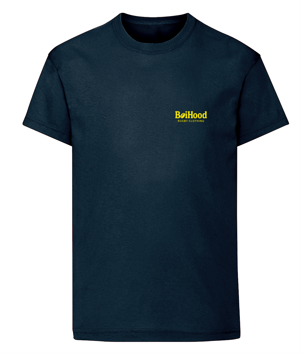 BoiHood Kids Unisex T-Shirt in navy with yellow logo, perfect for rugby fans and stylish adventures.