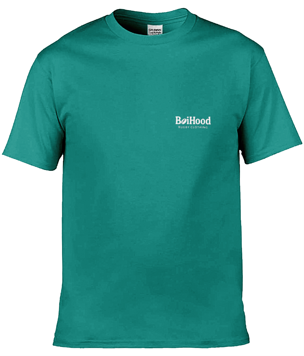BoiHood Adult Unisex T-Shirt in teal color, featuring 'BoiHood' logo, perfect for rugby fans and casual wear.