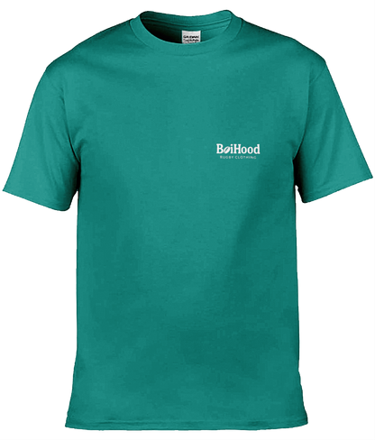 BoiHood Adult Unisex T-Shirt in teal color, featuring 'BoiHood' logo, perfect for rugby fans and casual wear.
